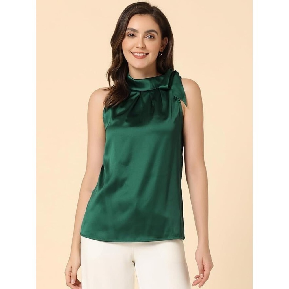 Allegra K Women's Elegant Satin Sleeveless Tie Knot Mock Neck Top - Green - M